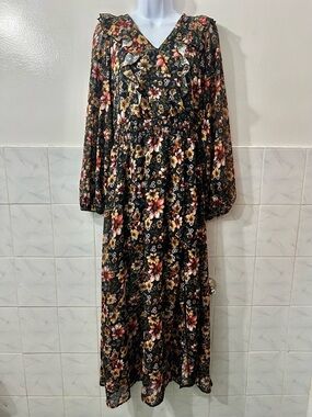 Women’s Dark Floral Long Sleeve Maxi Dress S Forest Cottage Earth Romantic Woods